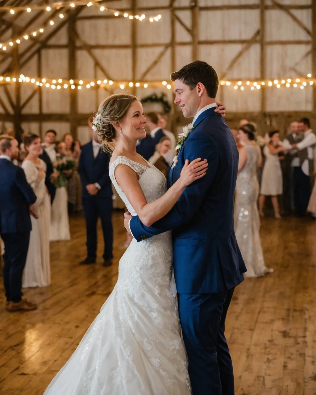A bride and groom dancing at their wedding in a rustic barn with string lights.