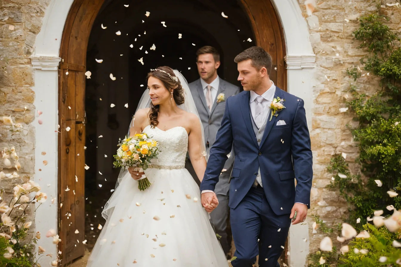 A bride and groom walk through a stone archway as petals fall around them.