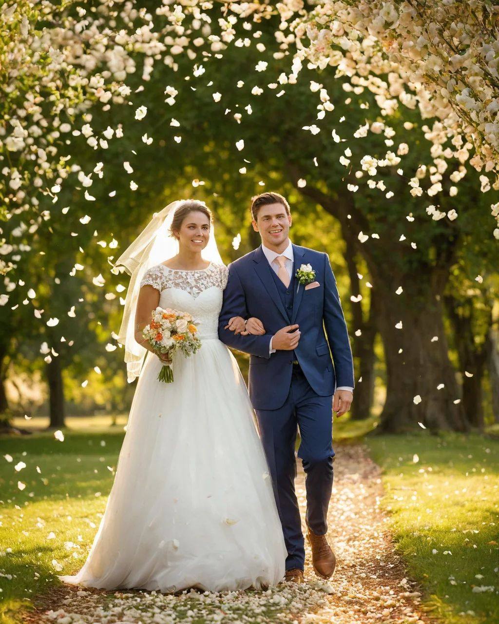 A bride and groom walking together under falling blossoms in a sunny garden.