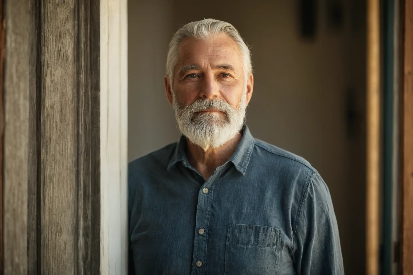 A calm elderly man with a white beard wearing a denim shirt stands by a wooden door frame.