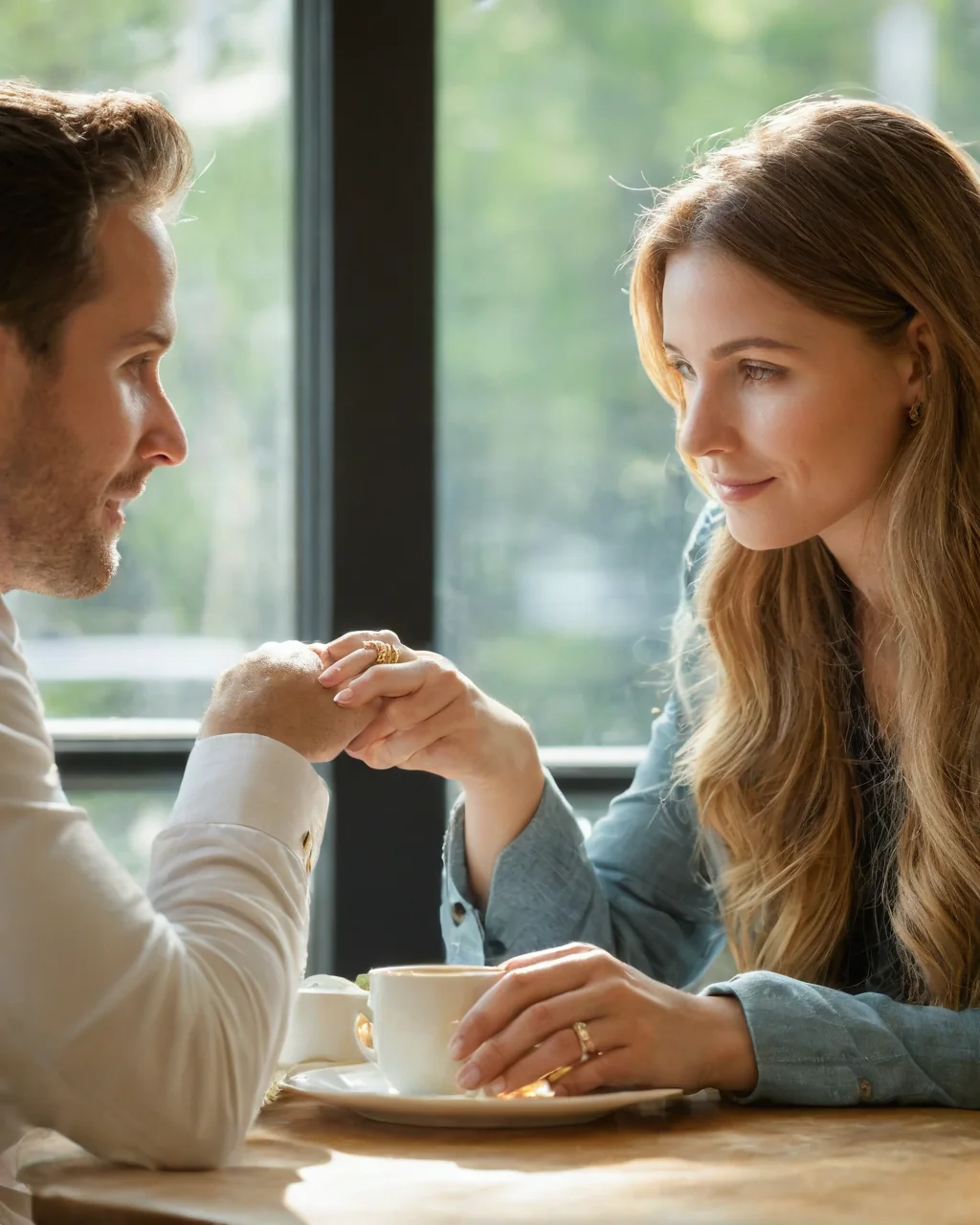 A couple holding hands and smiling across a coffee table in a bright cafe.