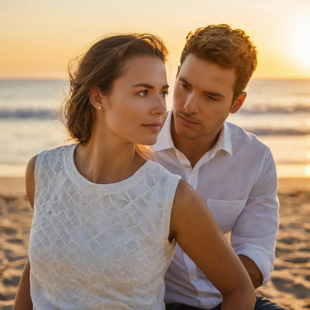 A couple sits close on a sandy beach at golden hour with the ocean behind them both wearing white clothing.