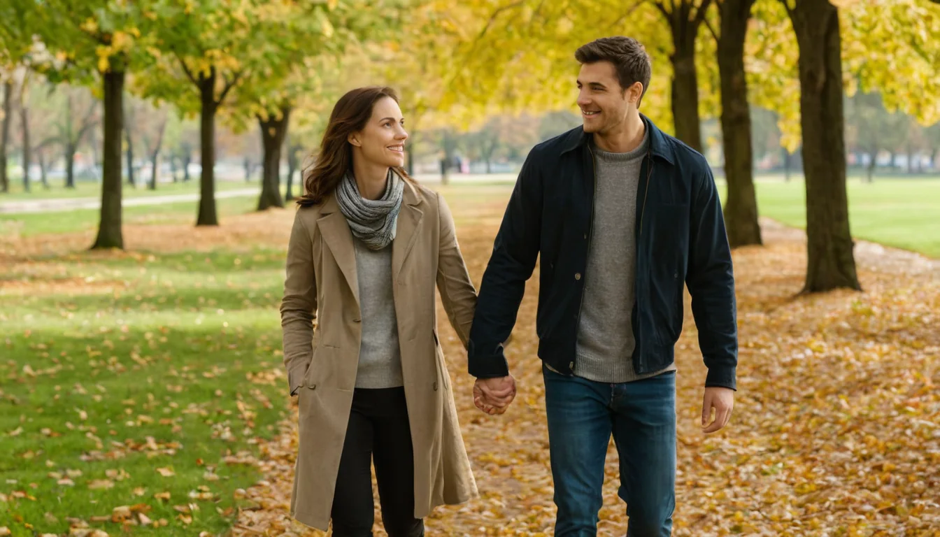 A happy couple holding hands and walking through a leafy autumn park.