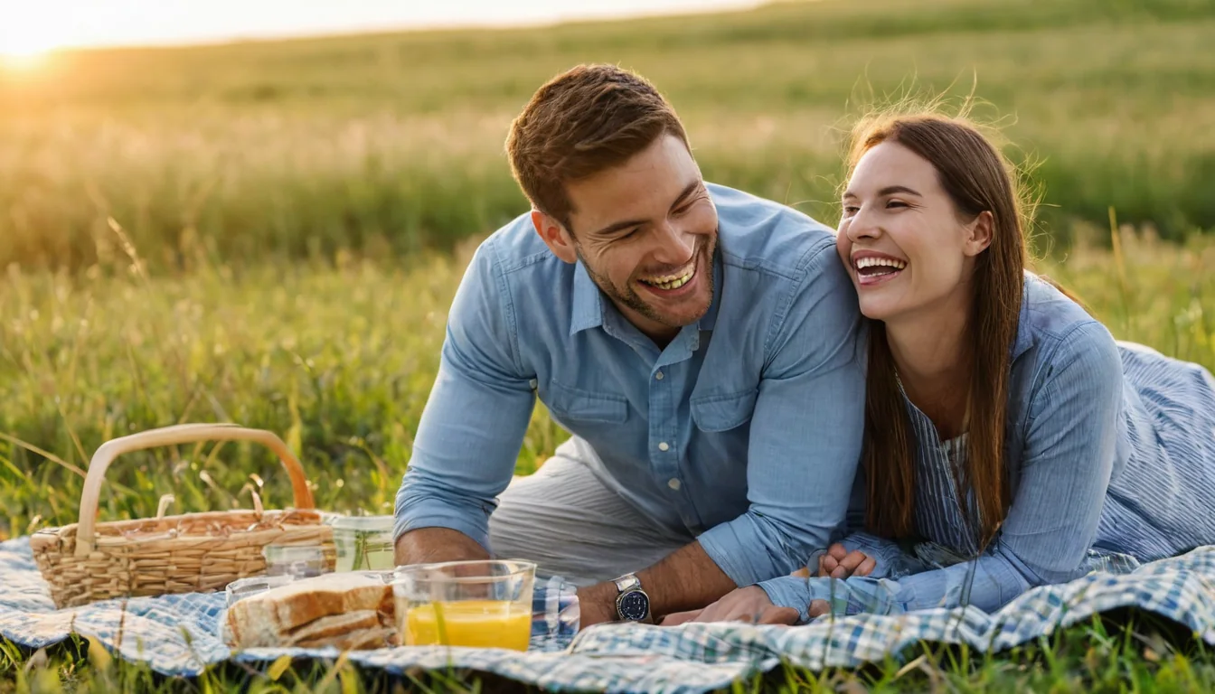 A happy couple laughing during a picnic on a grassy field at sunset.