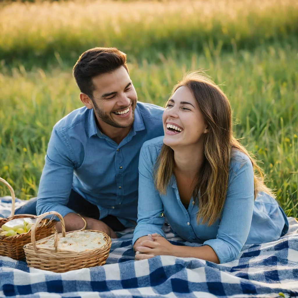A happy couple laughing together during a picnic in a grassy field.