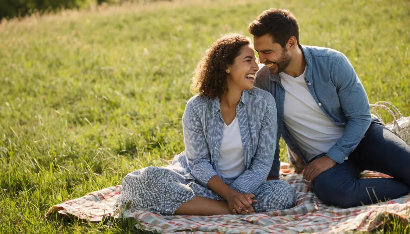 A happy couple laughing together on a picnic blanket in a grassy field.