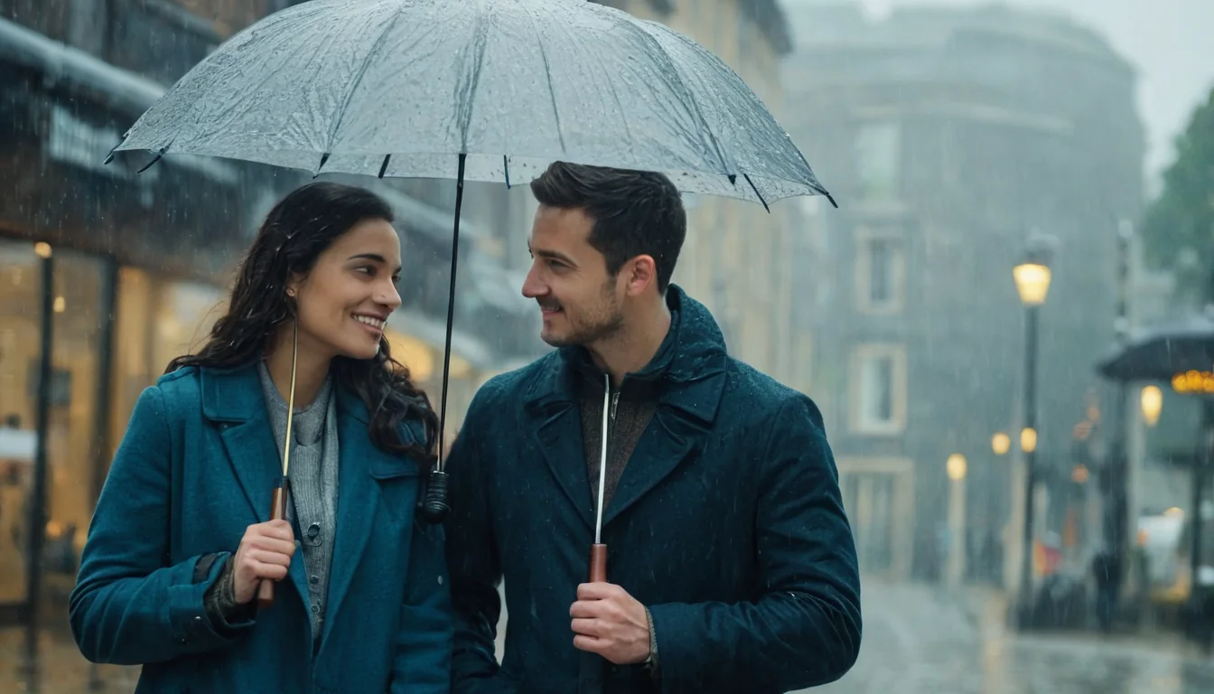 A happy couple walking under an umbrella in the rain on a city street.