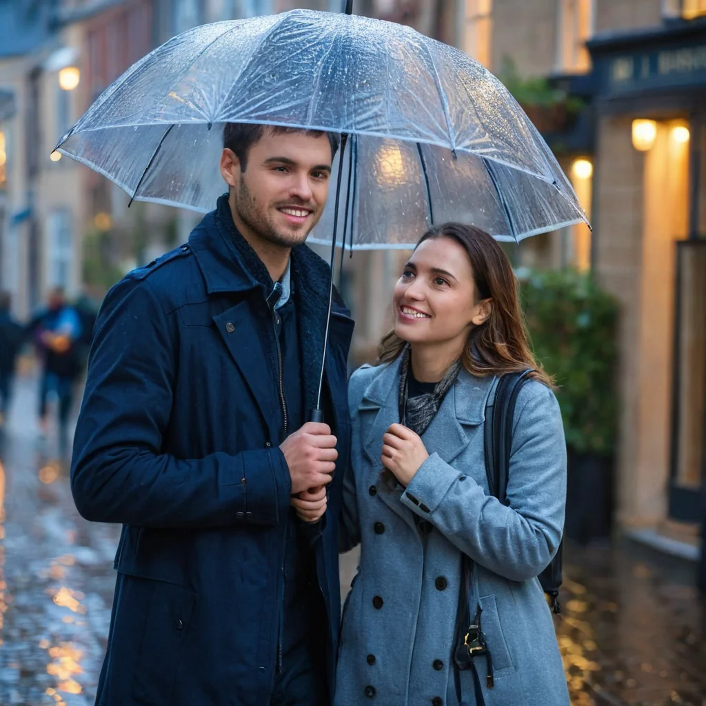 A happy couple walking under an umbrella on a rainy city street at evening.