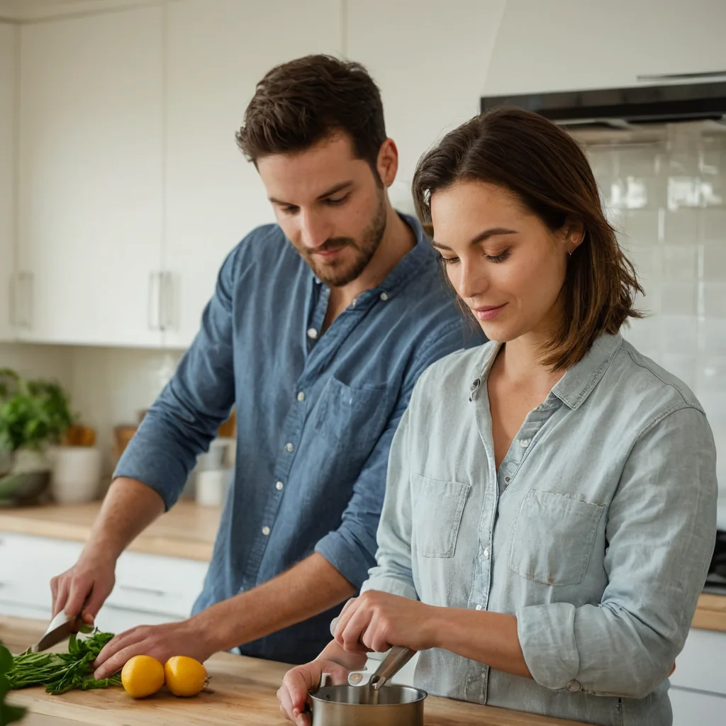 A man and woman cooking together in a modern kitchen with lemons and greens.