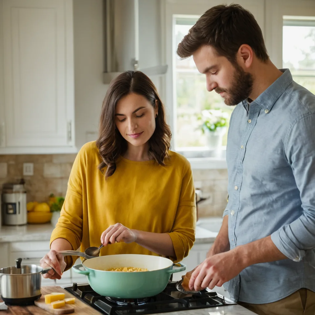 A man and woman cooking together in a modern kitchen with natural light.