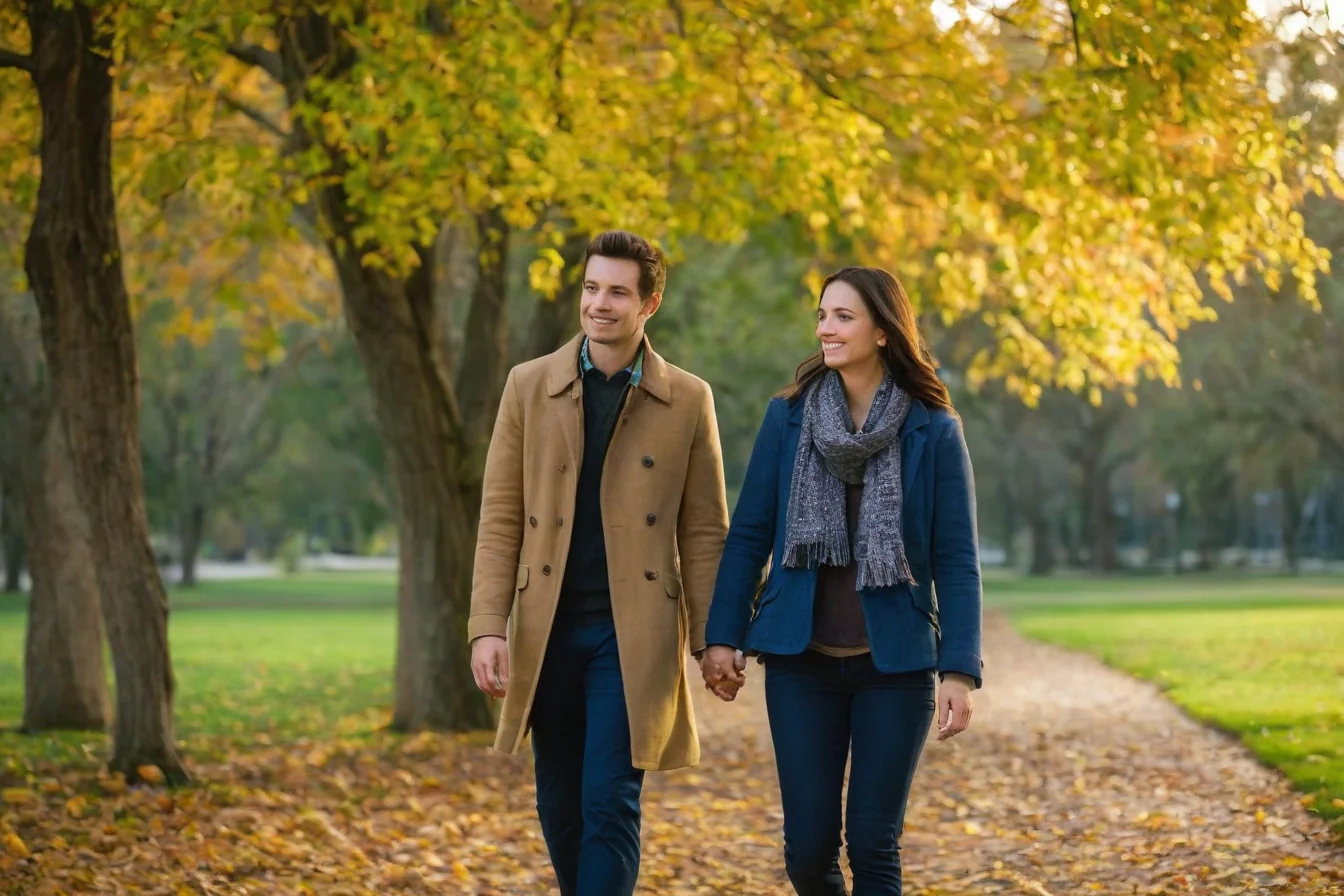 A man and woman holding hands and walking through a park covered in autumn leaves.
