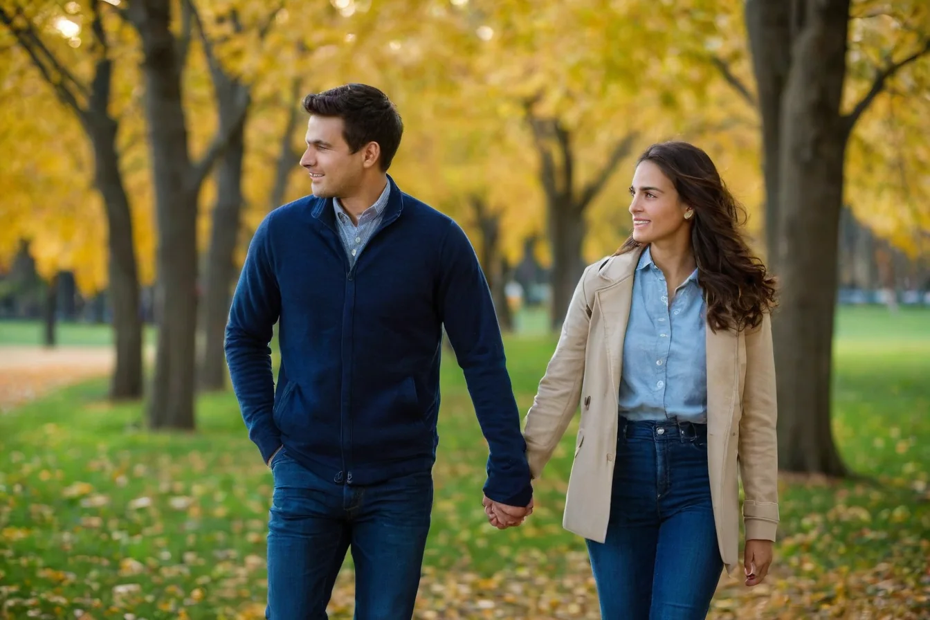 A man and woman holding hands and walking through an autumn park with golden leaves.