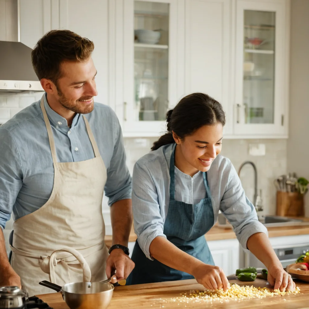 A man and woman in aprons chopping corn together in a modern kitchen.