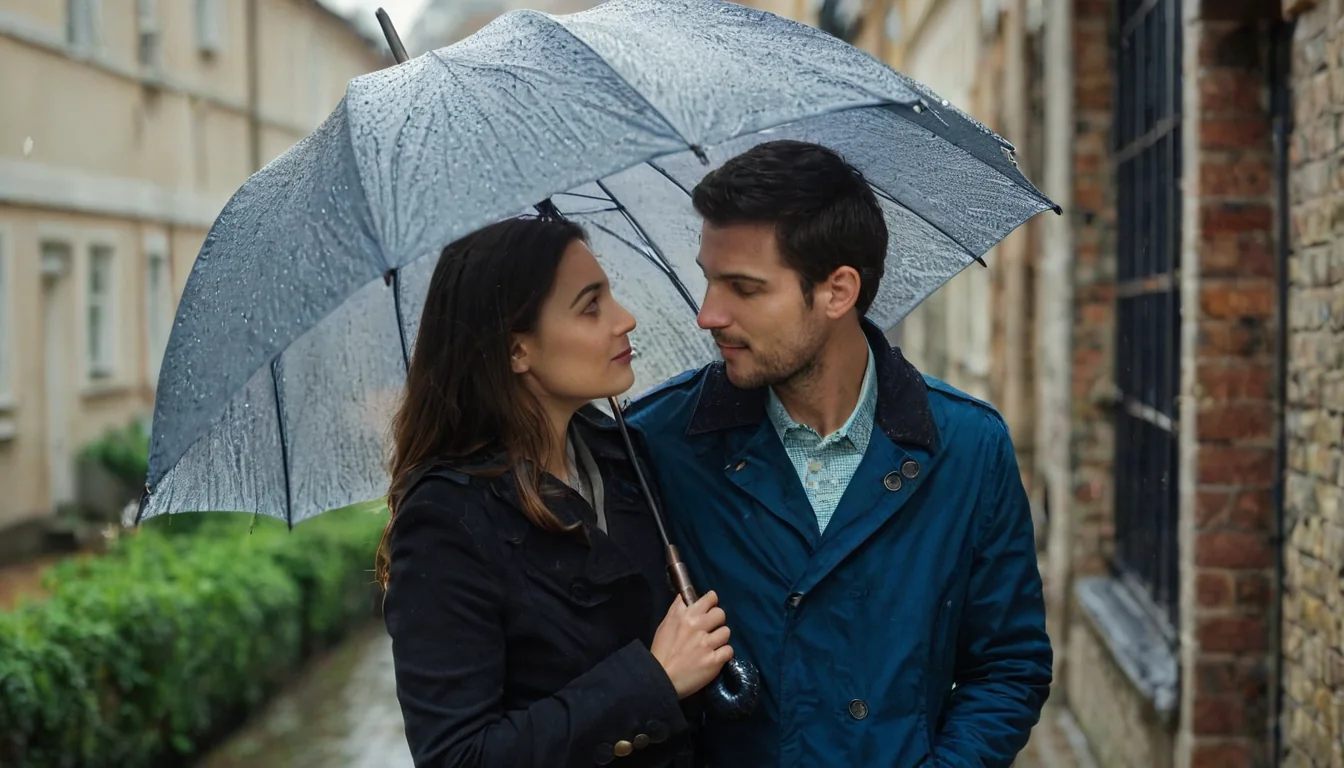 A man and woman in coats share a transparent umbrella on a rainy cobblestone street.