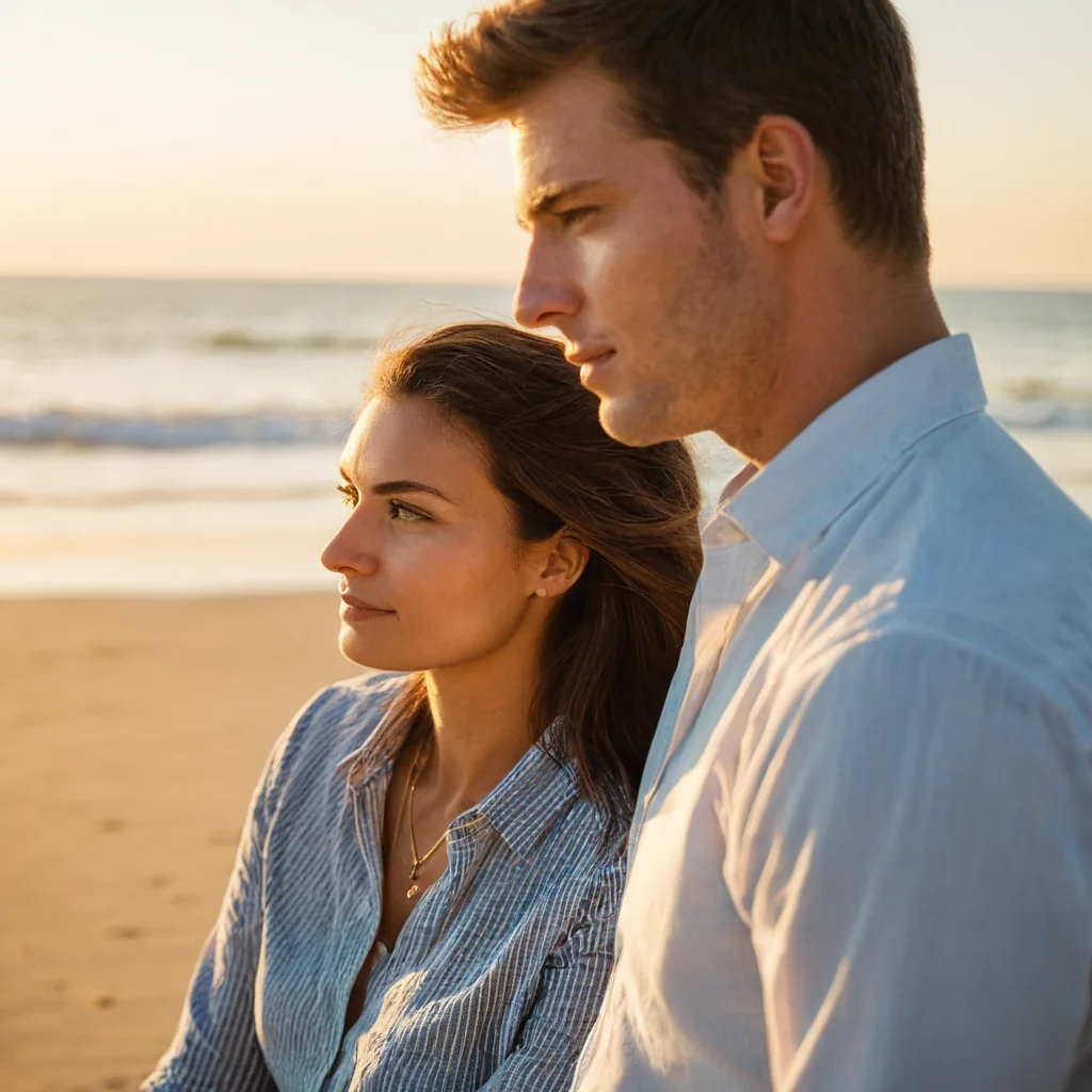 A man and woman sitting together on a beach watching the ocean at sunset.