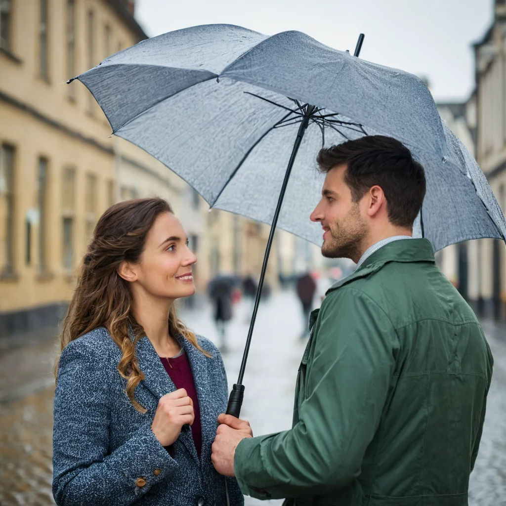 A man and woman smile at each other under a gray umbrella on a rainy city street.