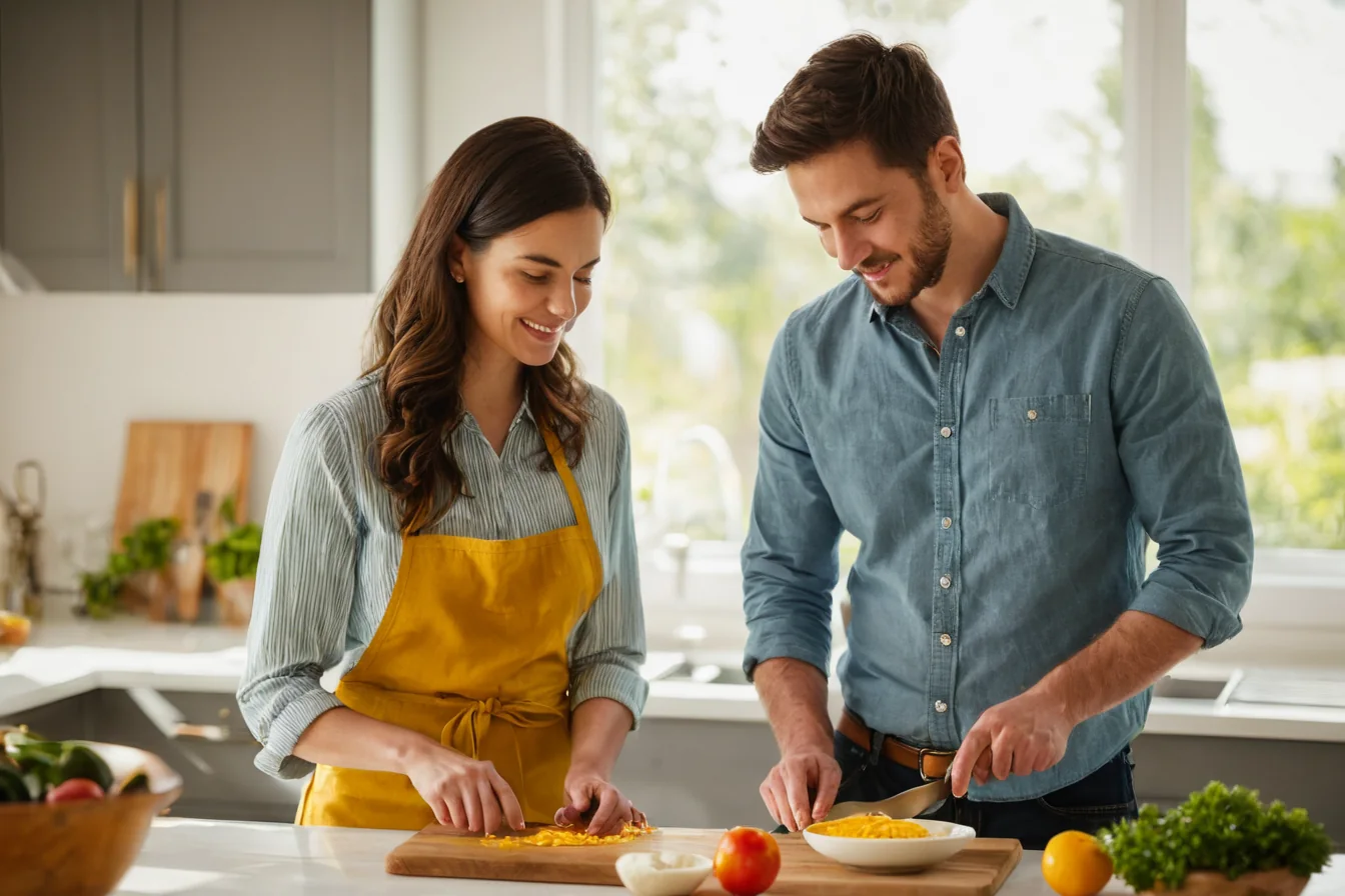 A man and woman smile while chopping cheese together in a sunny kitchen.