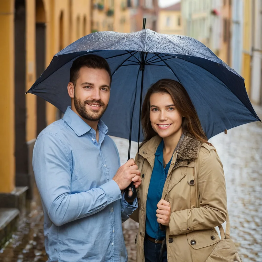 A man and woman smiling under a blue umbrella on a rainy street with yellow buildings.