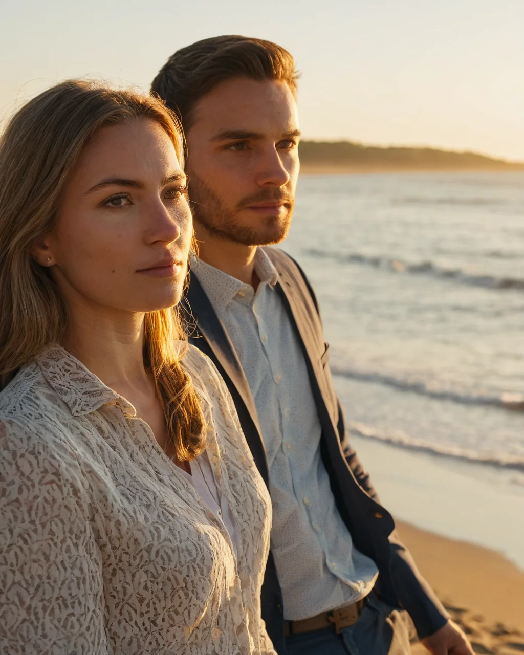 A man and woman stand together on a beach watching the ocean at sunset.