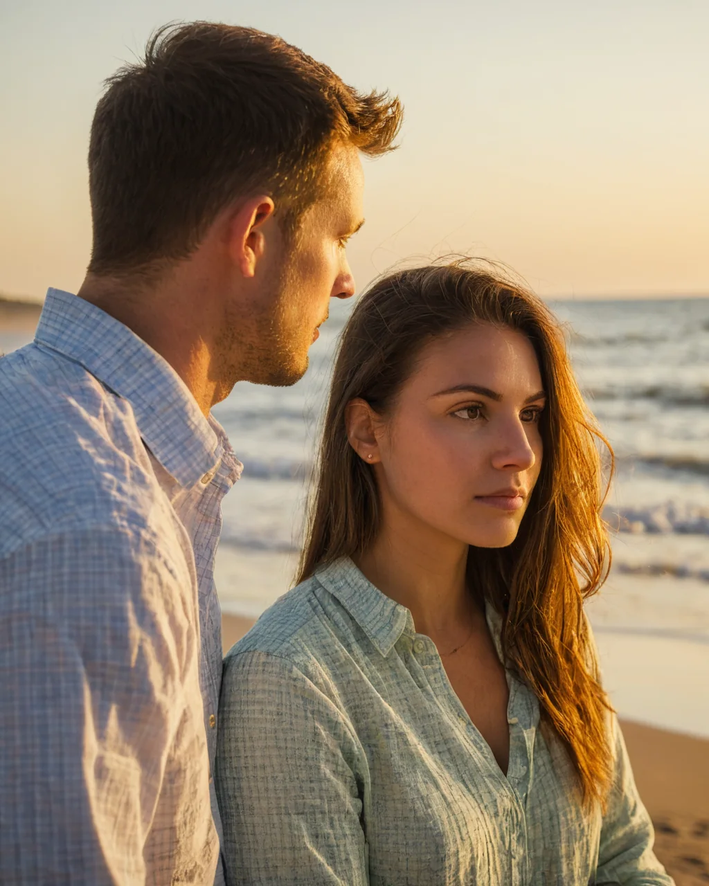 A man and woman standing together on a beach watching the sunset over the ocean.