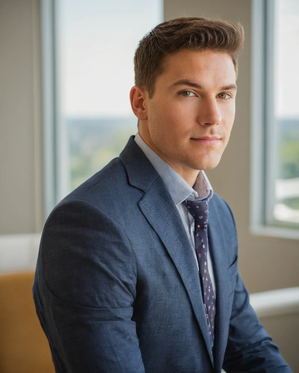 A man in a blue suit and patterned tie sitting by a window