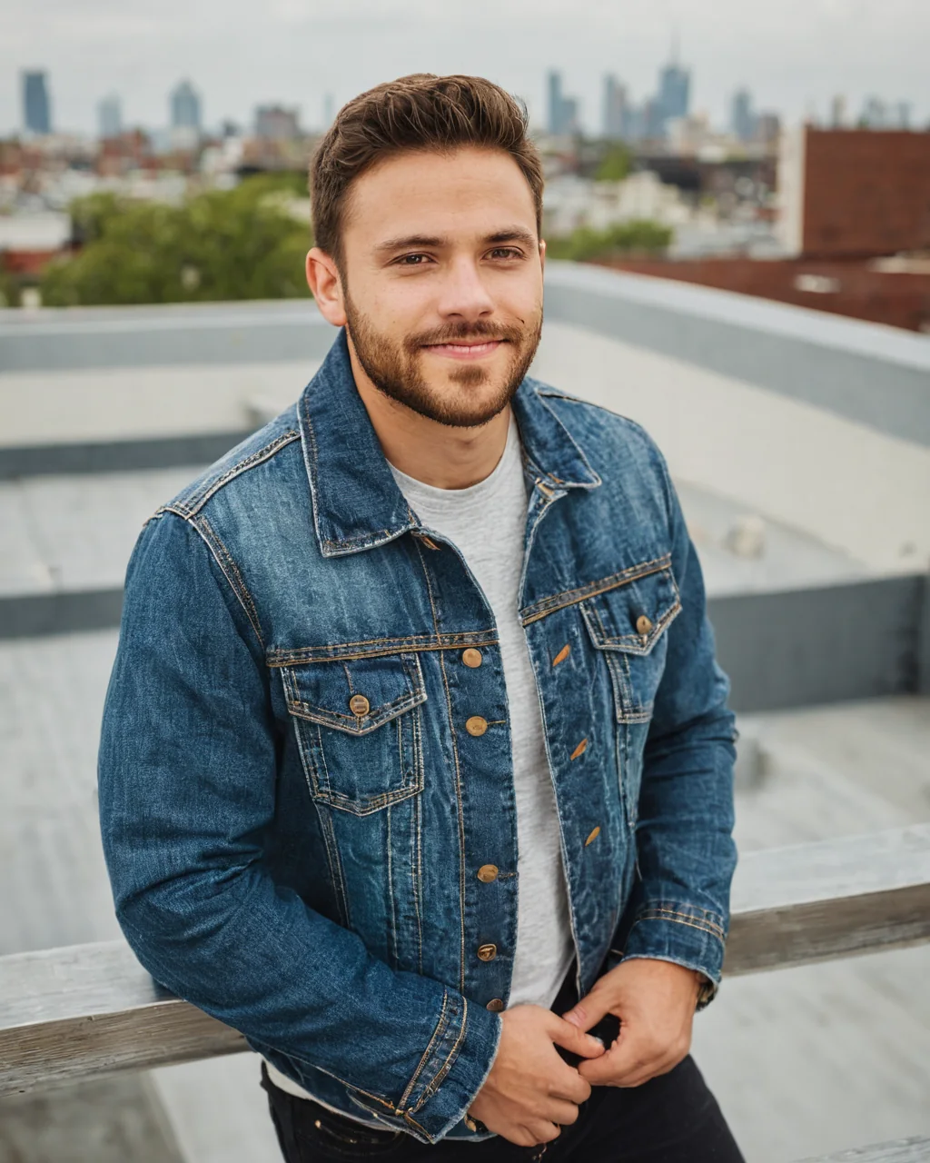 A man in a denim jacket smiling on a city rooftop with skyline behind him