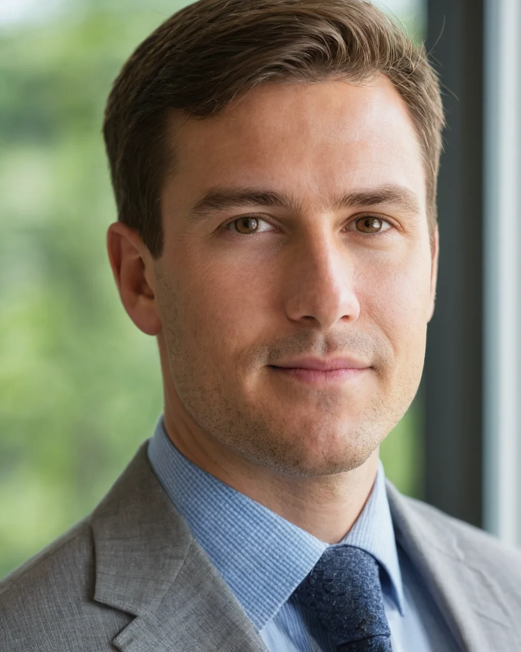 A man in a gray suit and blue tie standing by a window with green foliage outside.