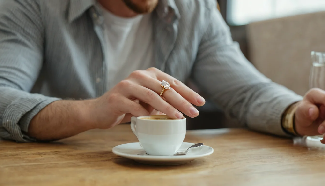 A man's hand with a gold engagement ring resting on a white coffee cup on a wooden table.