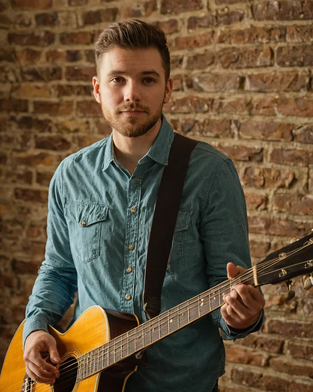 A man with a beard holding an acoustic guitar in front of a brick wall.
