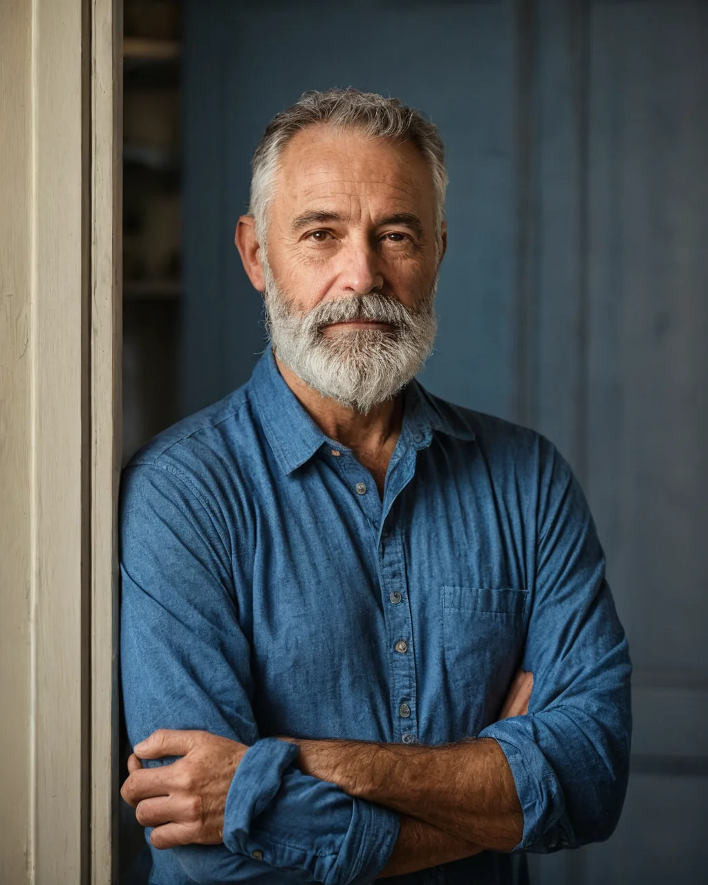 A mature man with a white beard leans against a wooden doorframe wearing a blue denim shirt.