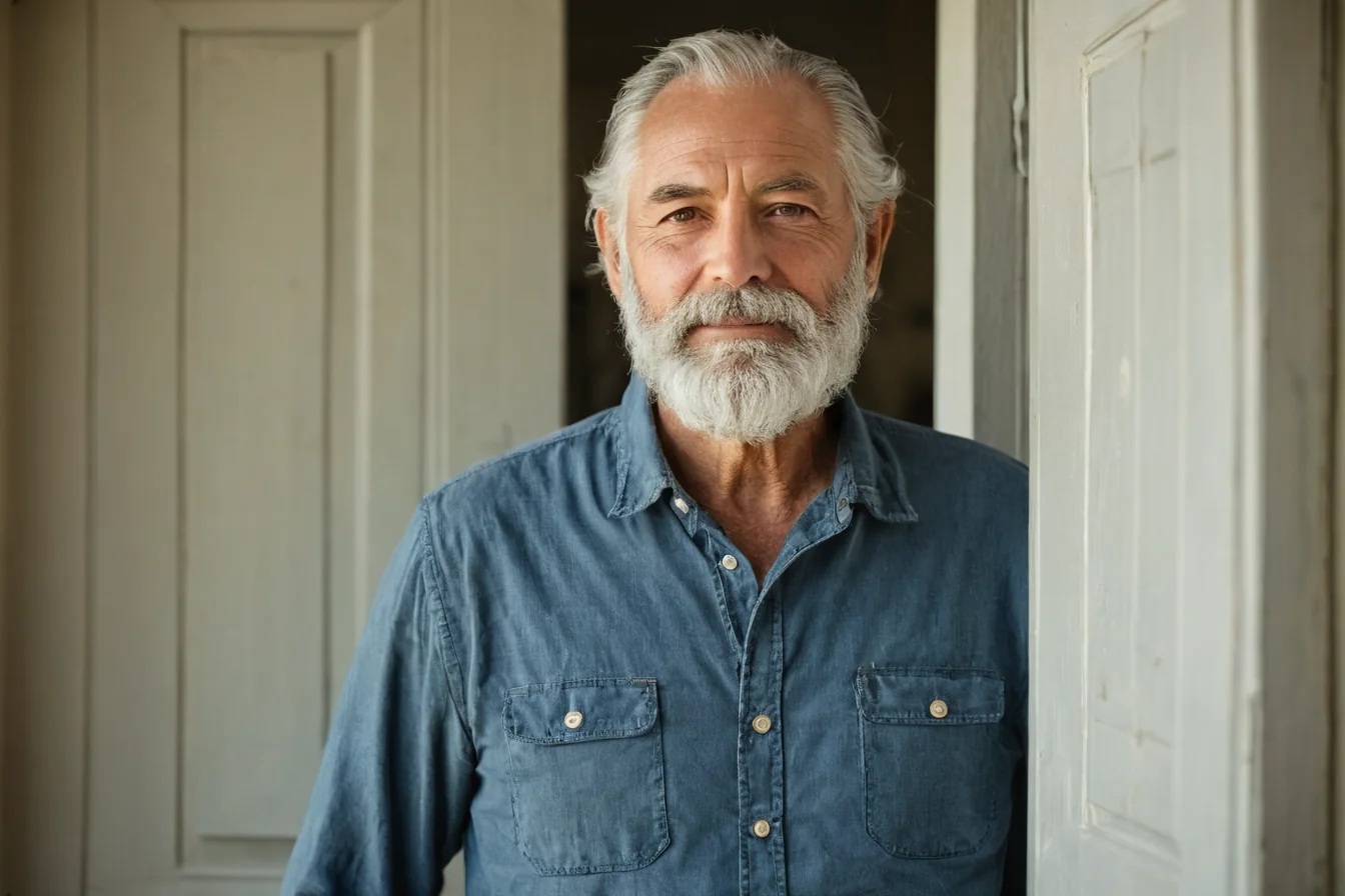 A mature man with a white beard wearing a blue denim shirt stands in a doorway.