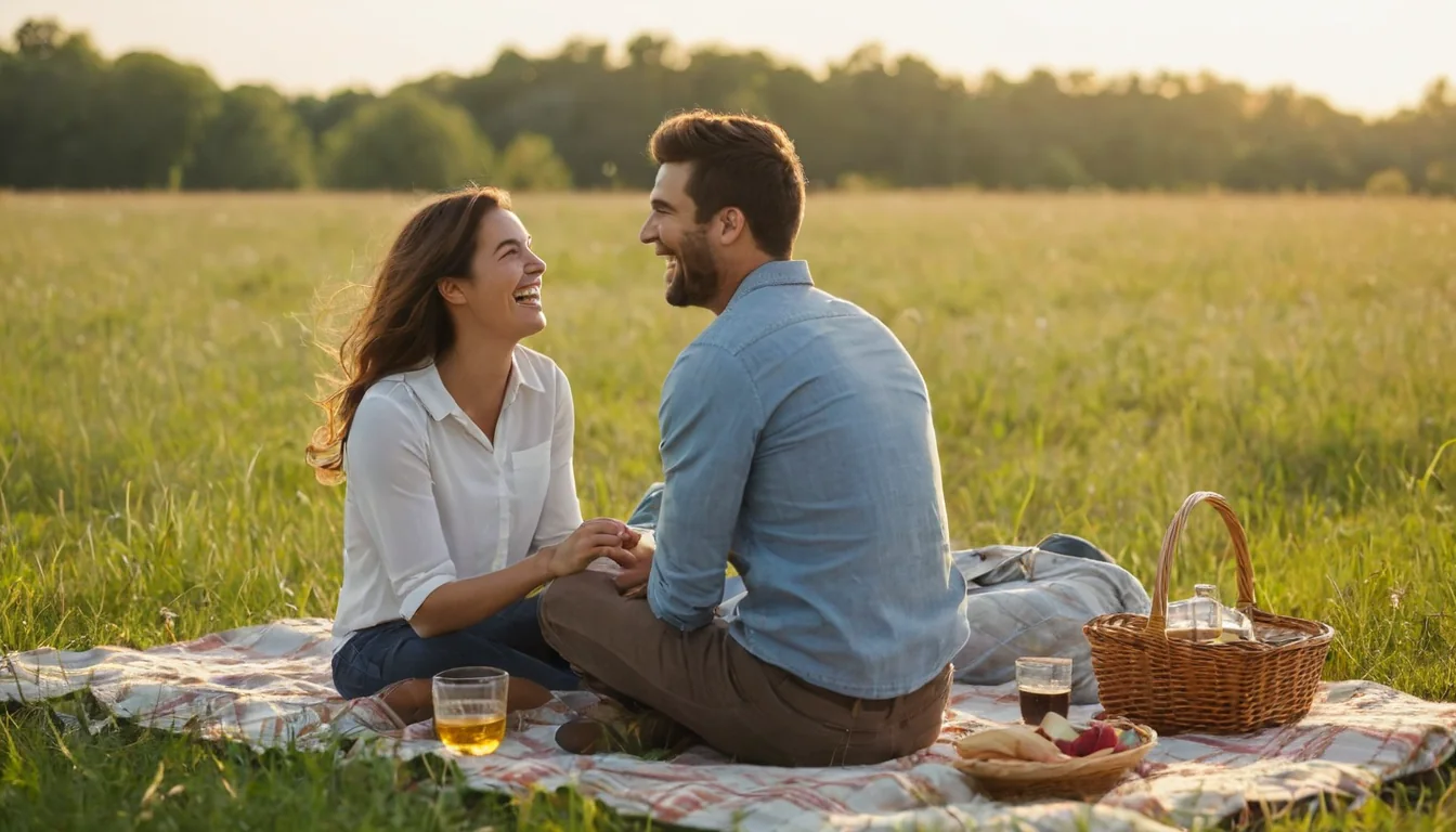 A smiling couple enjoying a picnic in a sunlit grassy field with a wicker basket and drinks.
