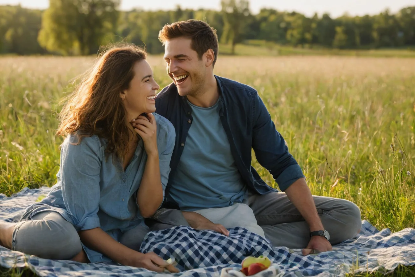 A smiling couple enjoying a picnic on a checkered blanket in a grassy field.