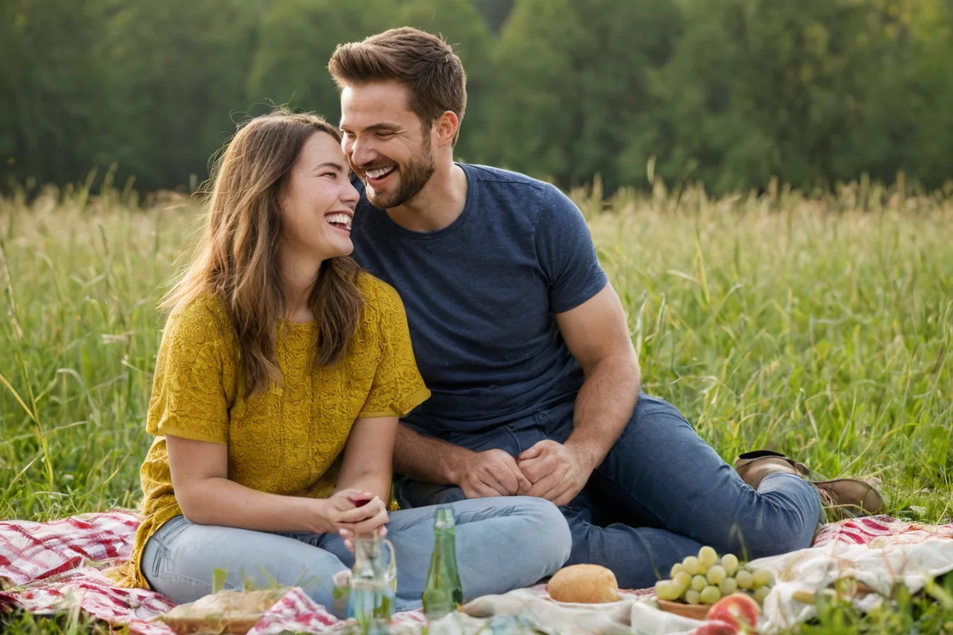 A smiling couple enjoying a picnic on a red plaid blanket in a grassy field.