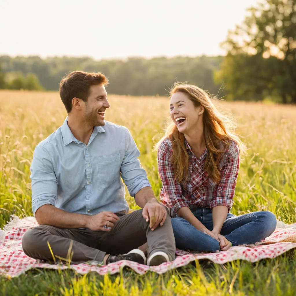 A smiling couple laughing together on a blanket in a grassy field at sunset.