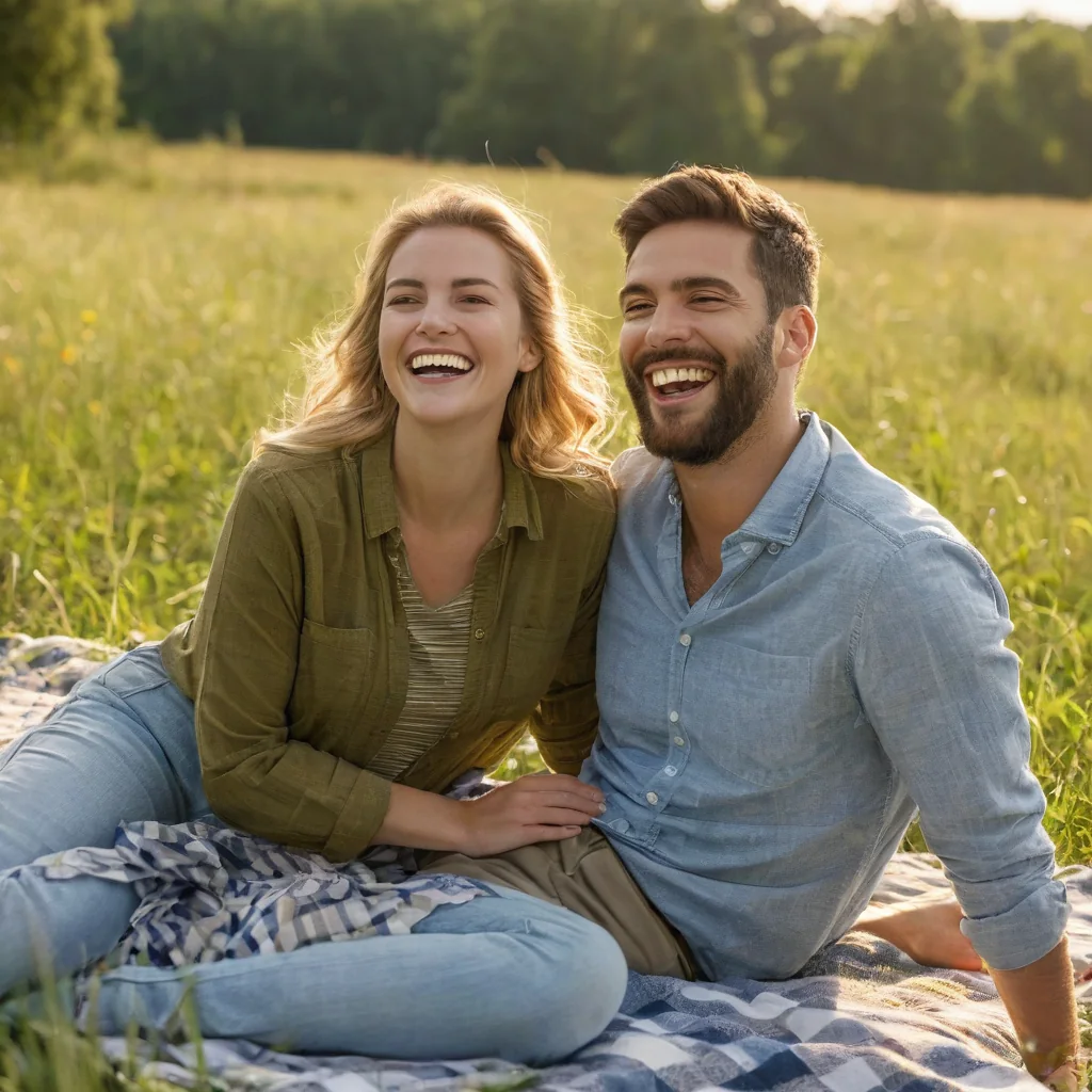 A smiling couple sitting together on a checkered blanket in a grassy field.