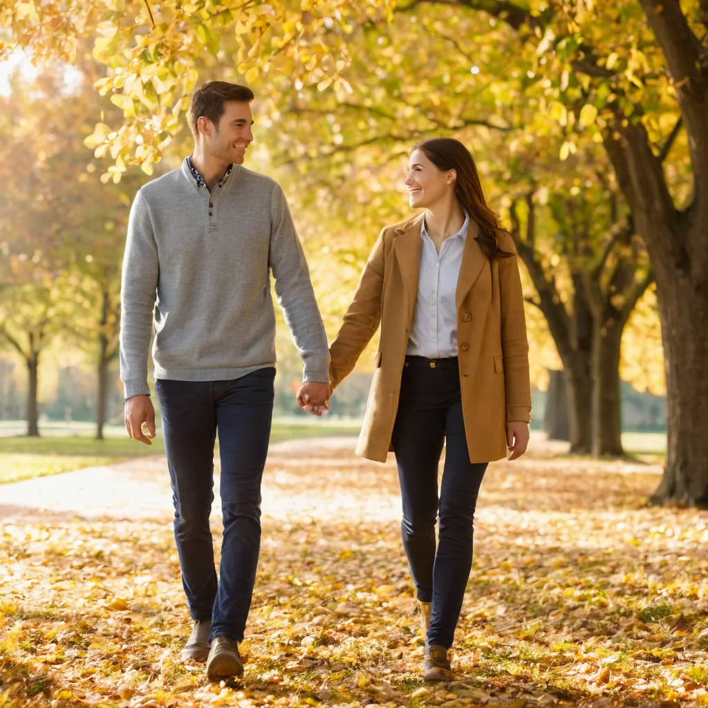 A smiling couple walks hand in hand through a park covered in autumn leaves.