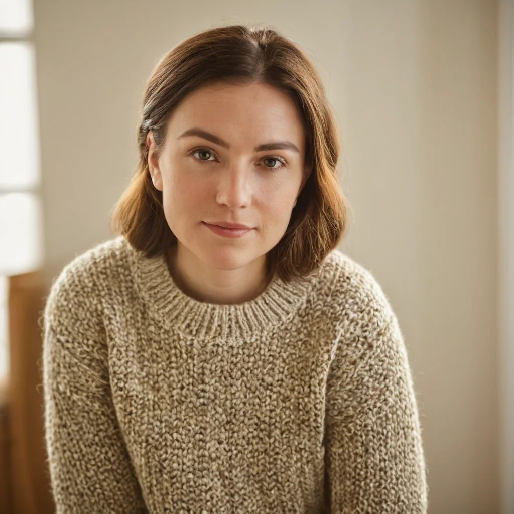 A woman in a beige knit sweater looks calmly at the camera indoors.