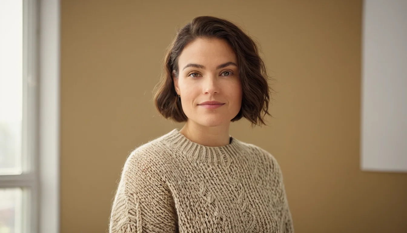 A woman in a beige sweater smiles near a window with soft natural light.