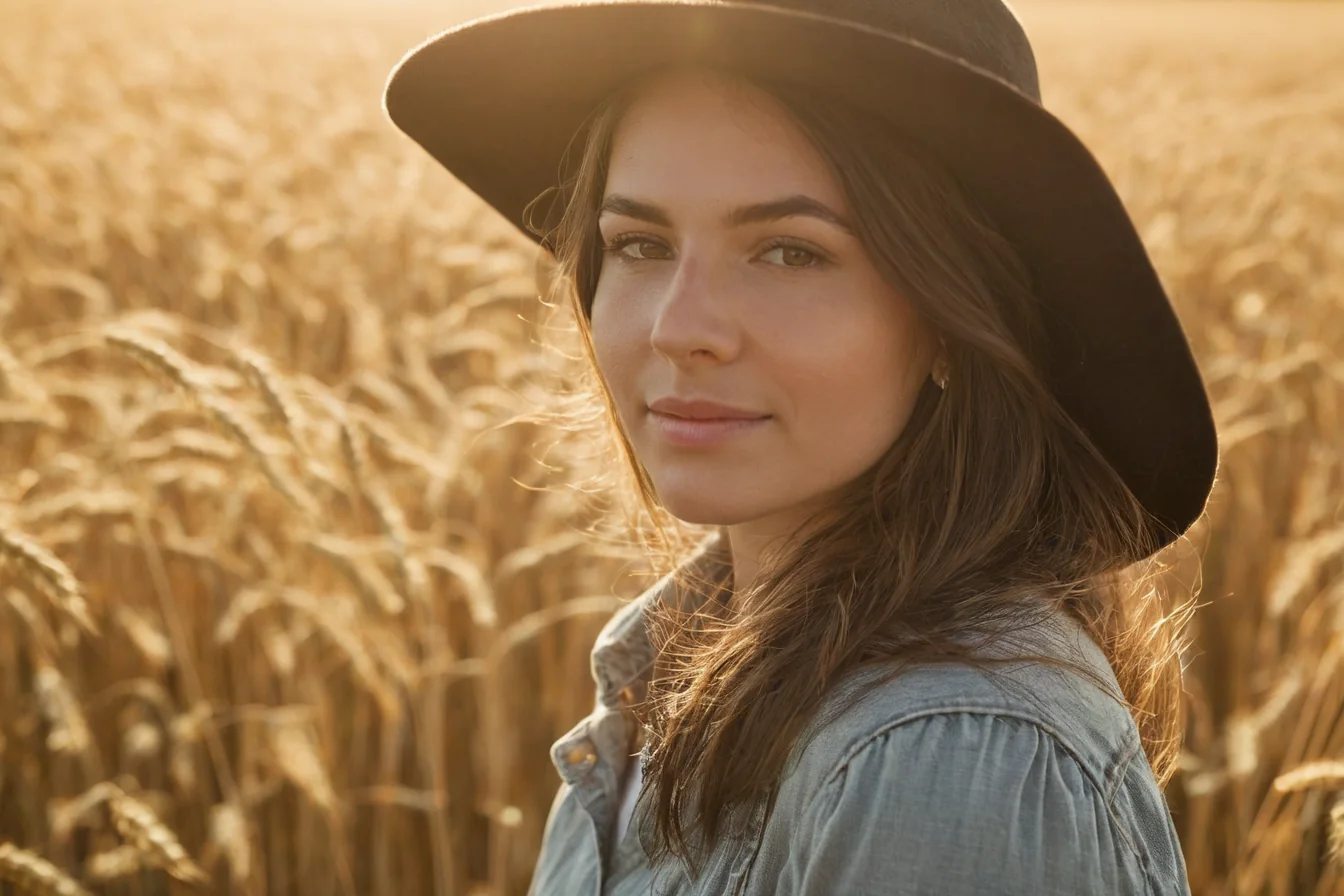 A woman in a black hat and denim jacket smiles softly amidst a golden wheat field bathed in warm sunlight.