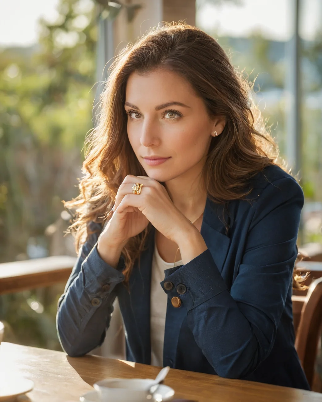A woman in a navy blazer sits at a wooden cafe table with a coffee cup and gold ring.