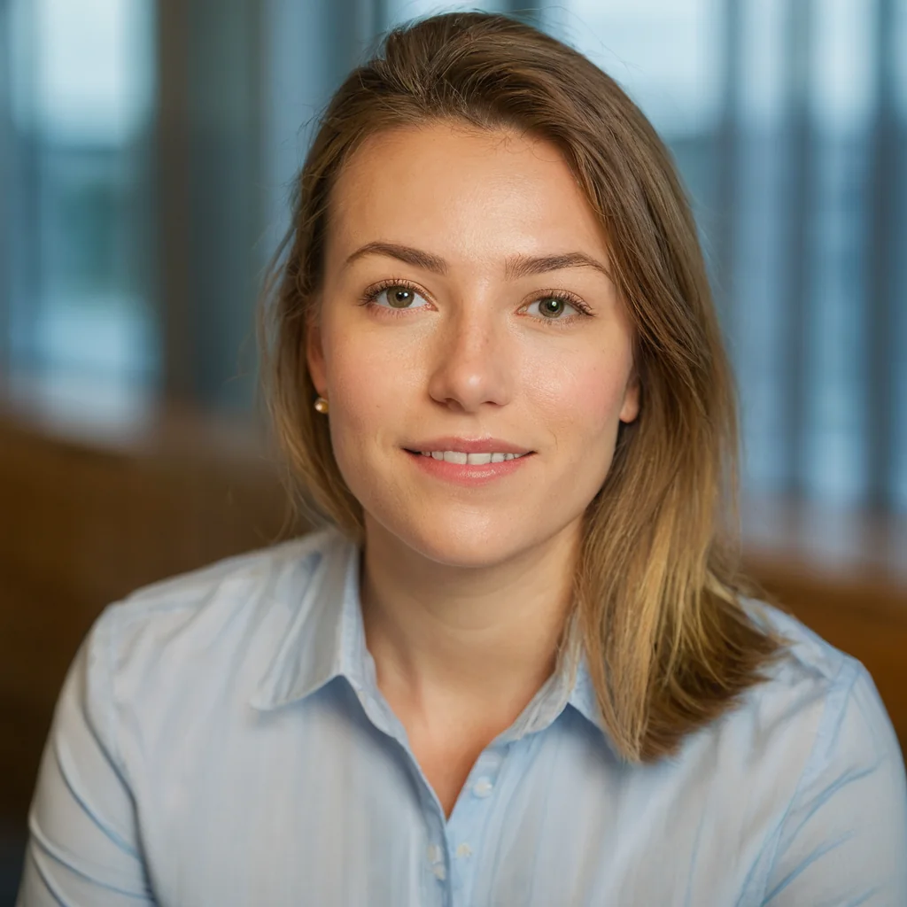 A woman with brown hair and green eyes smiles while wearing a light blue button-up shirt.