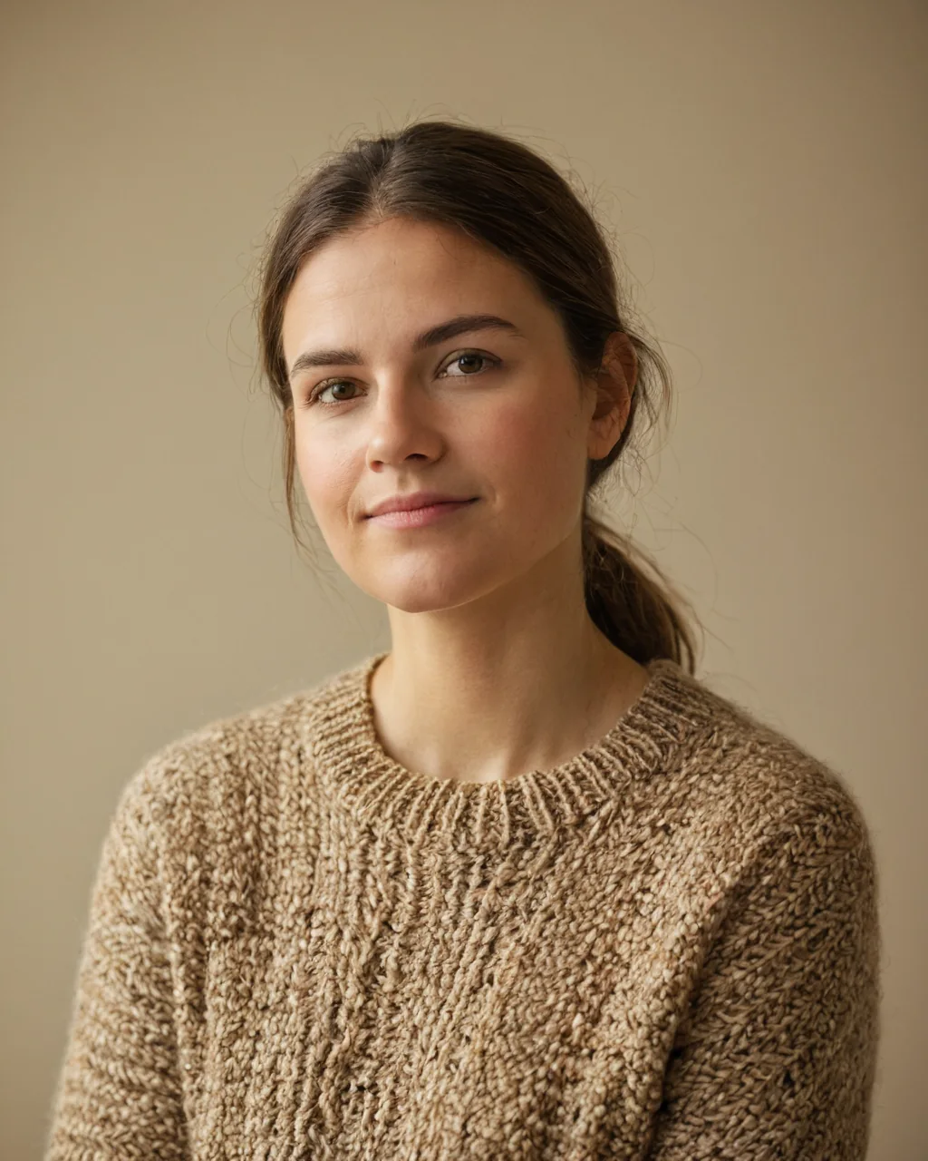 A woman with dark hair in a ponytail wears a textured beige knit sweater against a soft beige background.