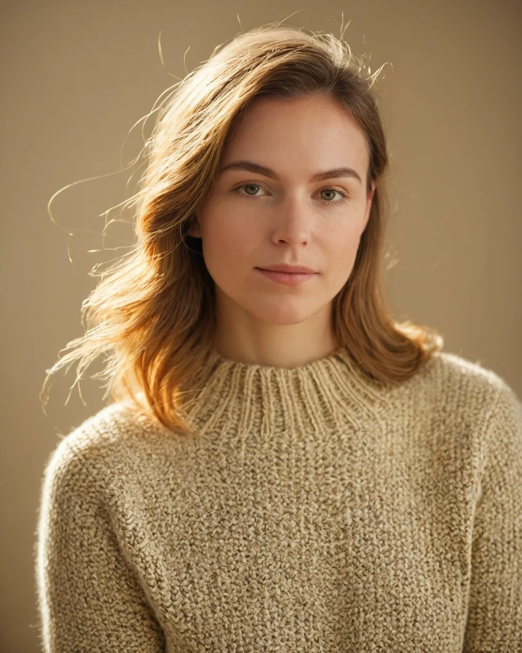 A woman with wavy blonde hair wears a textured beige knit sweater against a warm beige background.