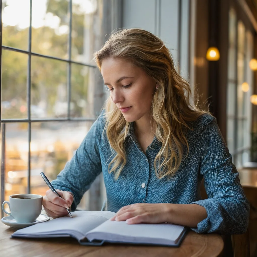 A woman writes in a notebook at a cafe table with a coffee cup nearby.