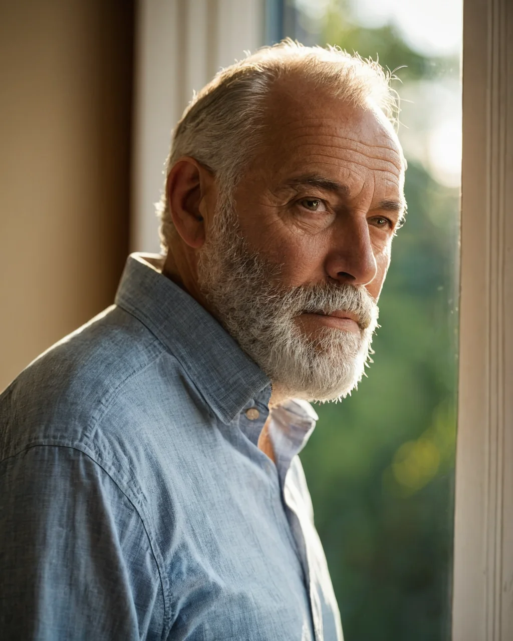 An elderly man with a white beard looks thoughtfully out a sunlit window wearing a blue shirt.