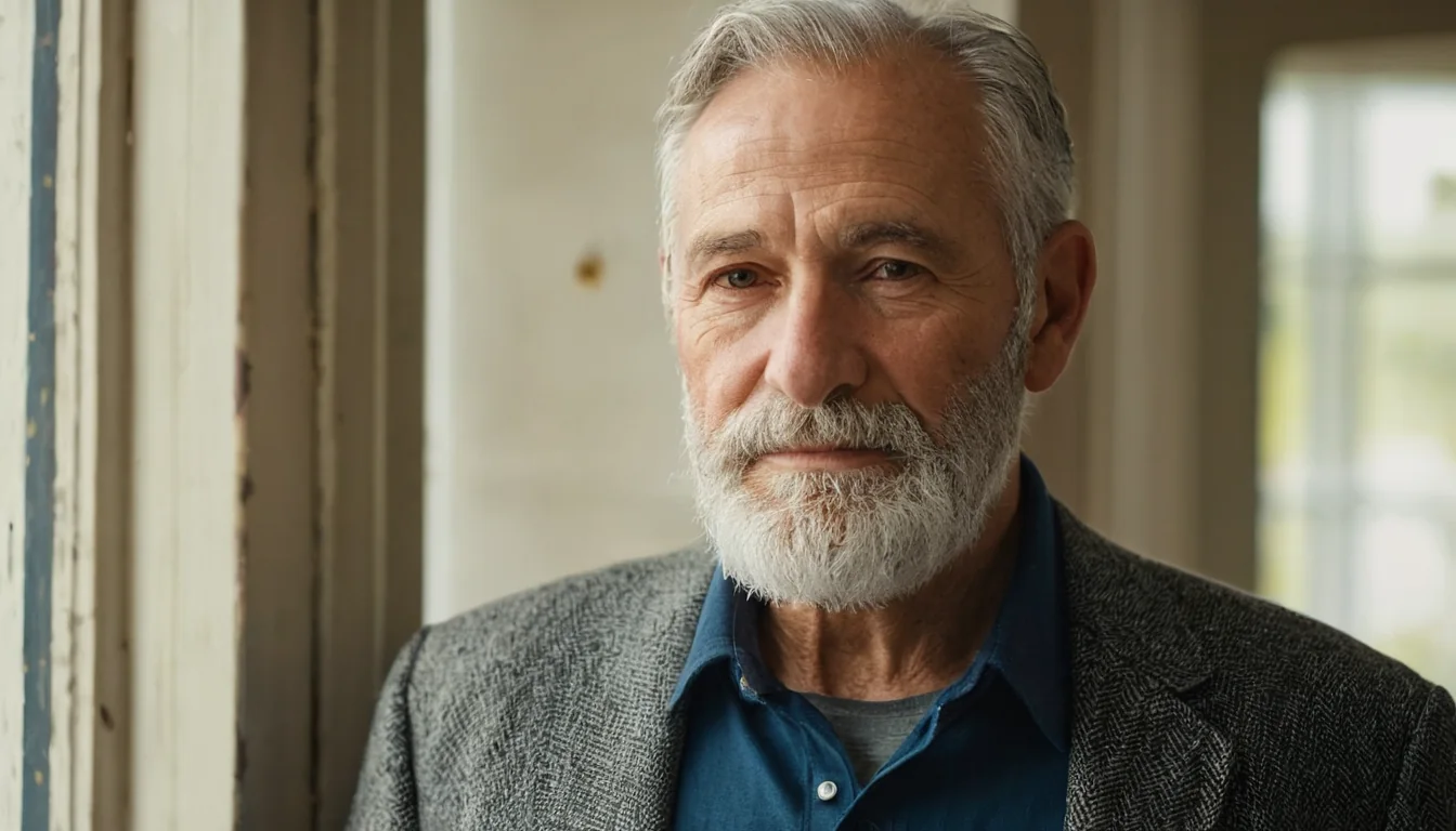 An elderly man with a white beard wearing a gray jacket and blue shirt standing near a wooden door.