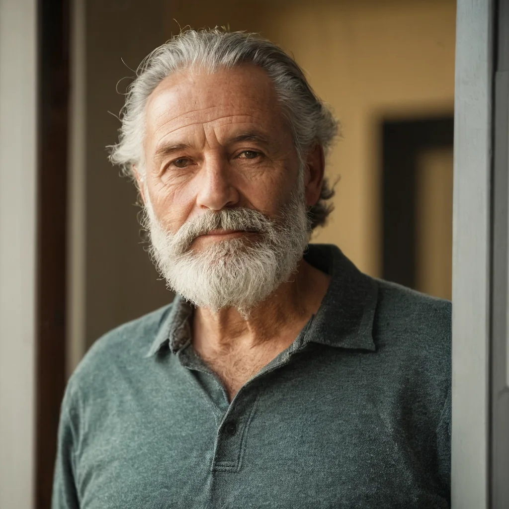 An elderly man with gray hair and beard in a teal polo shirt standing in a doorway.