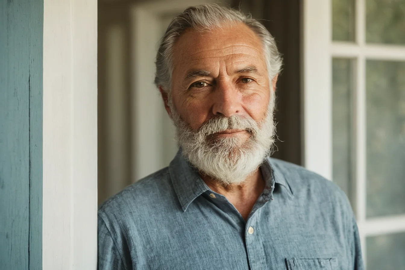 An older man with a white beard stands by a blue wooden door in soft daylight.