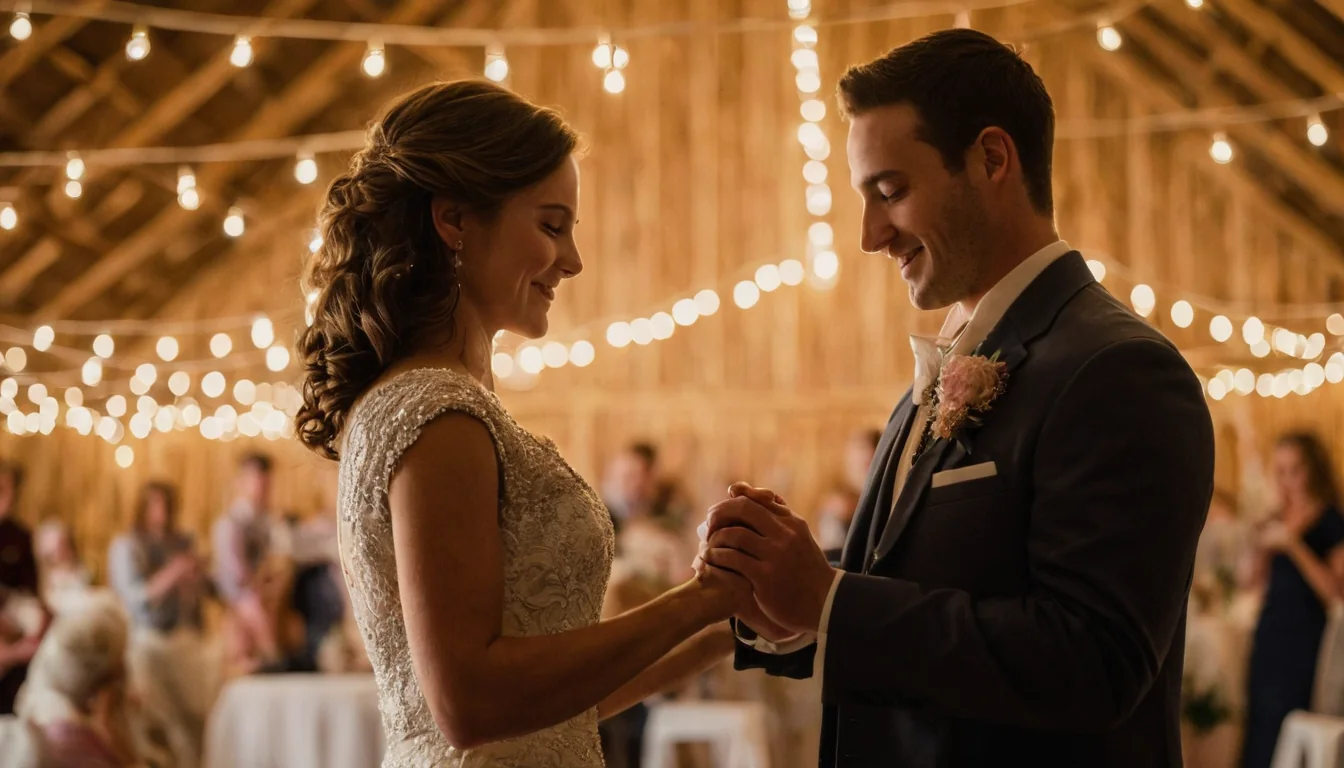 Bride and groom dancing in a warmly lit wooden barn during wedding reception